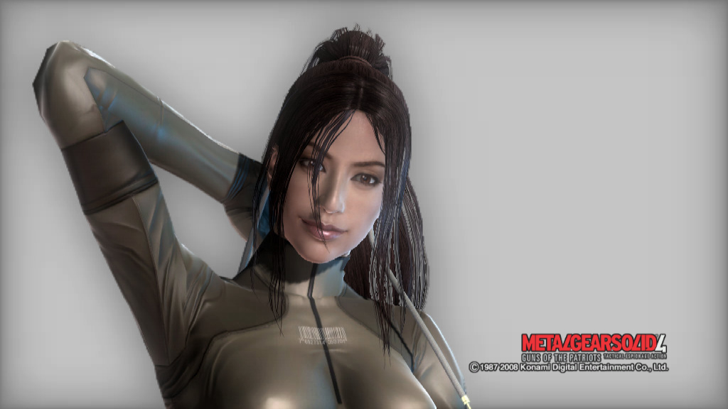 1girl arm_up black_hair breasts brown_eyes catsuit lips long_hair metal_gear_(series) metal_gear_solid metal_gear_solid_4 raging_raven smile