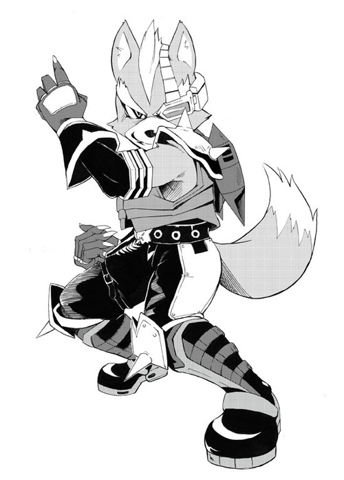 1boy belt boots claws eyepatch furry gloves harusuke headset jacket md5_mismatch monochrome nintendo resized simple_background solo spike star_fox tail wolf_o'donnell