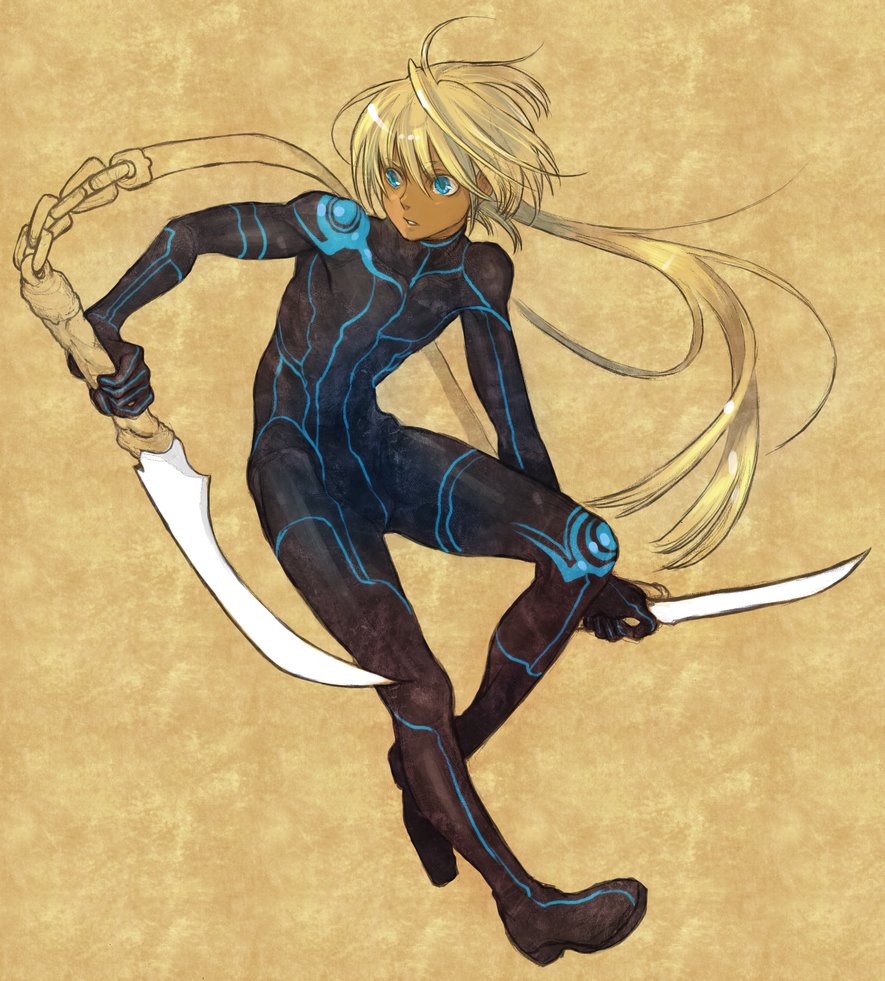 1boy blonde_hair blue_eyes character_request child copyright_request long_hair male_focus md5_mismatch piyo ponytail solo spandex tagme weapon