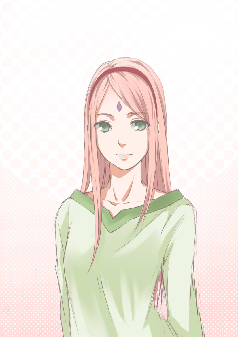 1girl breasts collarbone facial_mark forehead_mark green_eyes green_shirt hair_ornament hairband halftone halftone_background haruno_sakura light_smile lips long_hair long_sleeves looking_at_viewer naruto pink_hair polka_dot shirt smile solo upper_body