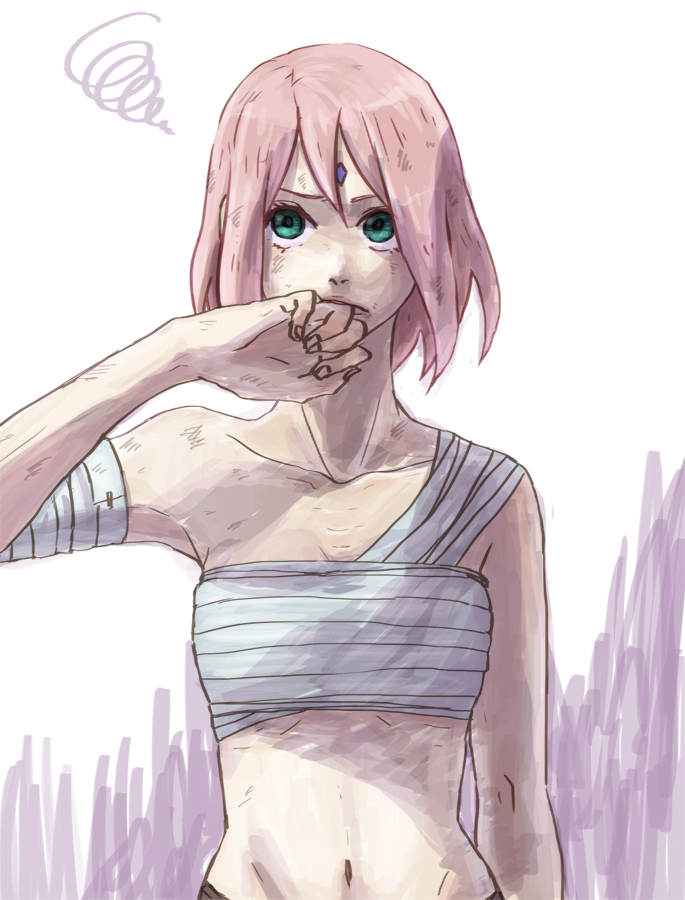 1girl bandage collarbone covering_mouth facial_mark female fingernails forehead_mark green_eyes haruno_sakura injury looking_at_viewer midriff naruto naruto:_the_last navel pink_hair sarashi short_hair solo suzuaki_(starriver) upper_body