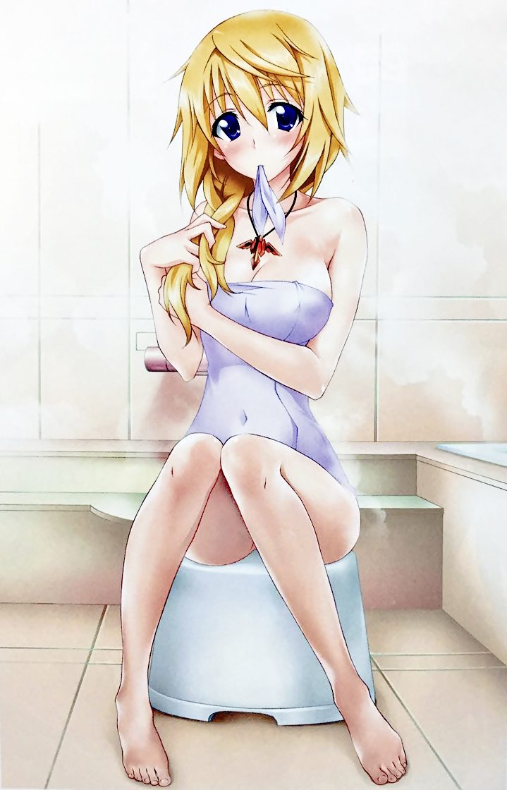 1girl barefoot bathing blonde_hair blue_eyes breasts charlotte_dunois cleavage feet female full_body indoors infinite_stratos long_hair sitting sitting_on_object solo steam towel