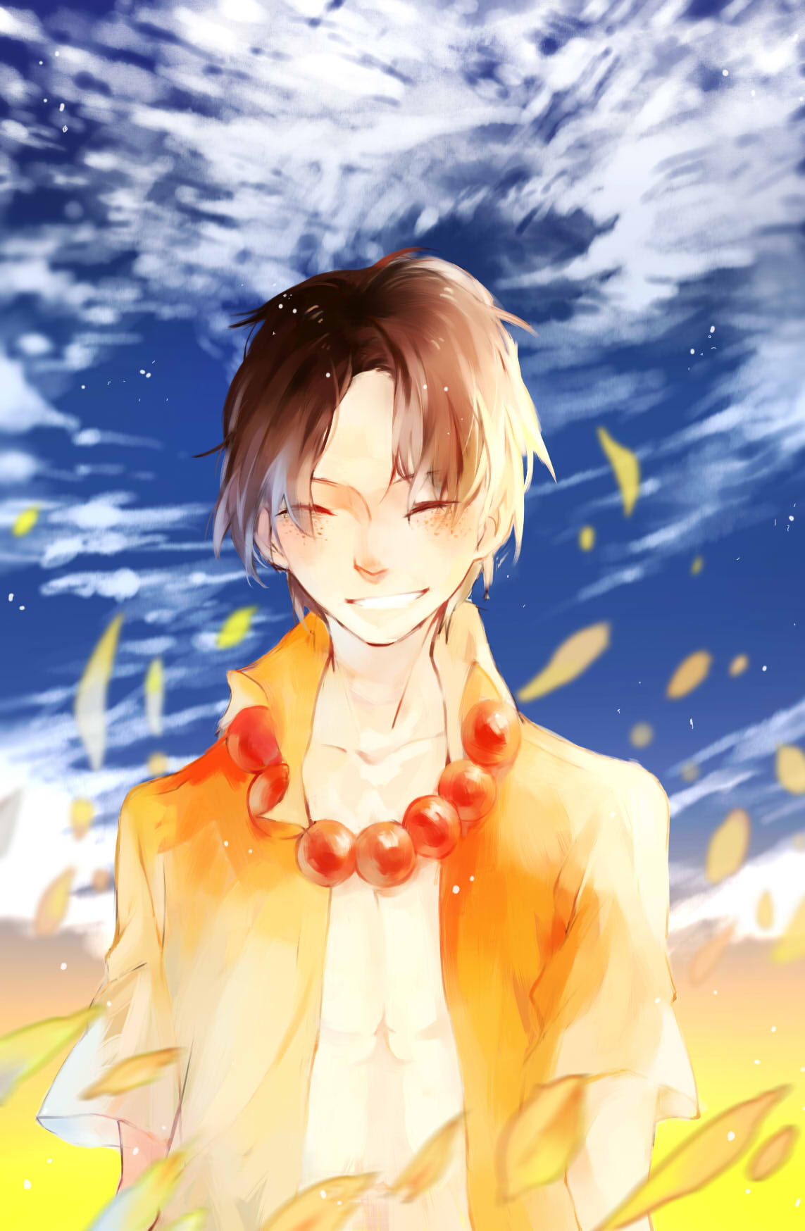 1boy closed_eyes jewelry male_focus necklace one_piece open_clothes open_shirt portgas_d_ace shirt smile solo