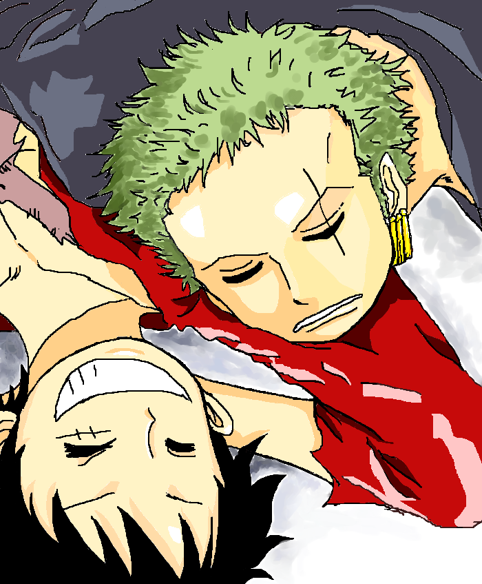 2boys black_hair closed_eyes earrings green_hair jewelry long_sleeves monkey_d_luffy multiple_boys one-eyed one_piece open_clothes open_shirt red_shirt roronoa_zoro scar shirt sleeping smile
