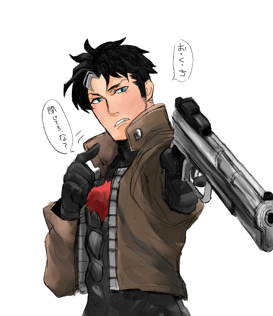 1boy batman_(series) blue_eyes bodyarmor dc_comics emblem gun jacket jason_todd leather leather_jacket male_focus multicolored_hair red_hood_(dc) simple_background solo two-tone_hair weapon white_background