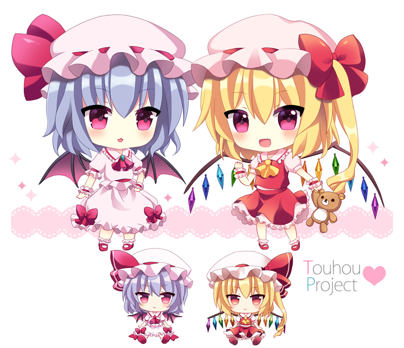 2girls :d ascot bat_wings blonde_hair blue_hair blush bow chibi copyright_name crystal female flandre_scarlet frilled_shirt_collar frills full_body hat hat_bow heart looking_at_viewer mayo_(miyusa) mob_cap multiple_girls multiple_views open_mouth petticoat pink_eyes pink_shirt pink_skirt puffy_short_sleeves puffy_sleeves red_bow red_skirt red_vest remilia_scarlet sash shirt short_sleeves siblings side_ponytail sisters skirt skirt_set smile standing stuffed_animal stuffed_toy teddy_bear touhou vest white_background wings wrist_cuffs