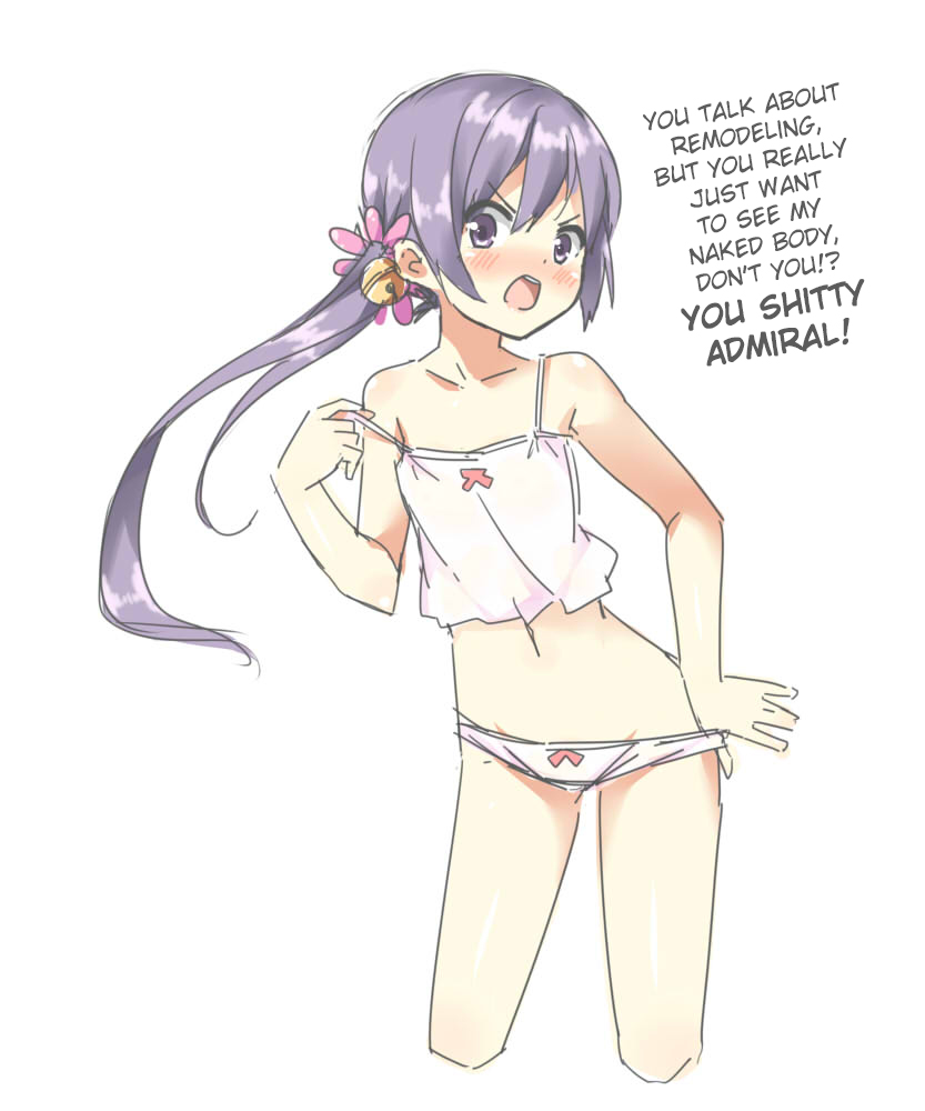 1girl akebono_(kantai_collection) bangs bare_shoulders bell blush bow bow_panties camisole collarbone flower hair_bell hair_flower hair_ornament hard_translated hatsunatsu kantai_collection long_hair looking_at_viewer mound_of_venus navel open_mouth panties panty_pull purple_hair shiny shiny_hair shiny_skin shitty_admiral side_ponytail simple_background sketch solo strap_slip tareme translated tsundere underwear underwear_only violet_eyes white_background white_panties