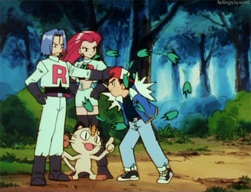 1girl 2boys 90s animated animated_gif kojirou_(pokemon) meowth multiple_boys musashi_(pokemon) pokemon pokemon_(anime) satoshi_(pokemon) team_rocket