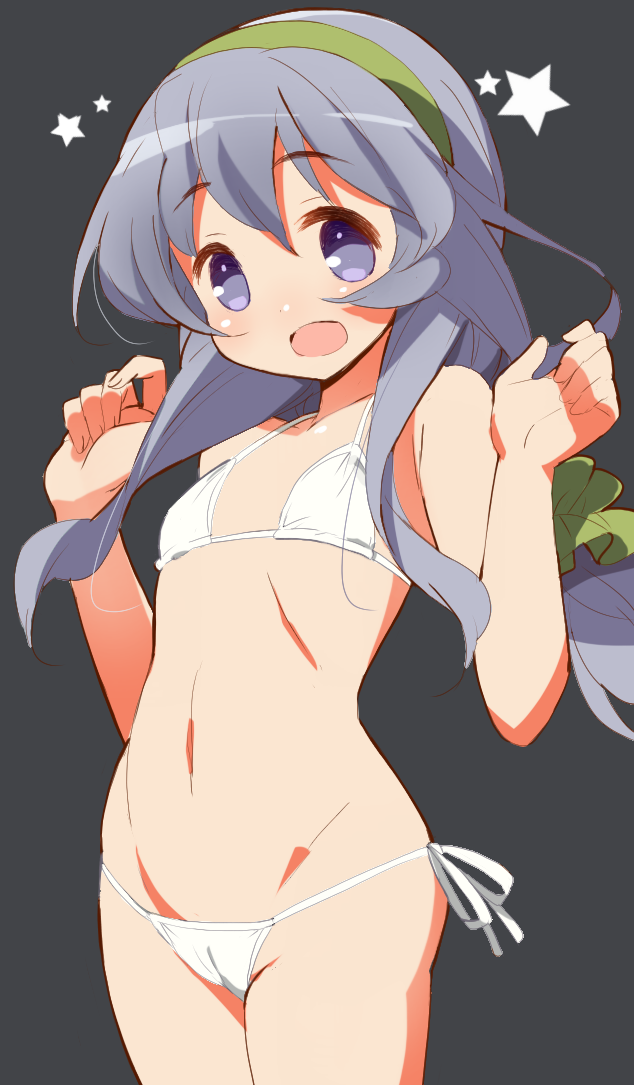 1girl 9law :d bare_shoulders bikini blush cowboy_shot flat_chest grey_hair hairband kantai_collection long_hair looking_at_viewer navel open_mouth side-tie_bikini smile solo swimsuit violet_eyes white_bikini white_swimsuit yamagumo_(kantai_collection)