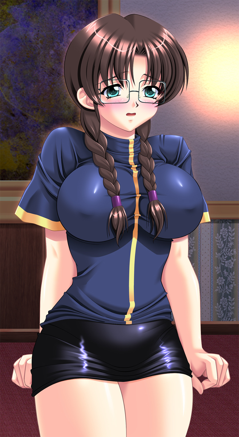 1girl artist_request black_skirt blue_shirt blush braid breasts brown_hair cowboy_shot cropped_legs game_cg glasses green_eyes impossible_clothes impossible_shirt indoors large_breasts looking_to_the_side miniskirt nervous open_mouth shiny shiny_clothes shiny_hair shirt short_sleeves skirt solo standing twin_braids