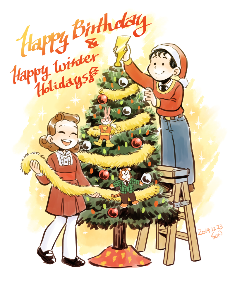 10s 1boy 1girl 2014 bangs billy_batson brother_and_sister brown_hair christmas christmas_tree dc_comics denim dress family garland hat jeans ladder lightning_bolt mary_batson ornament pants pantyhose santa_hat sen_(pixiv111638) shazam siblings smile sweater white_legwear