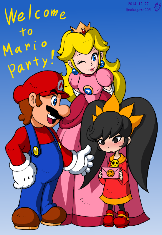 10s 1boy 2014 2girls ashley_(warioware) blonde_hair blue_eyes blush crown dated dress earrings facial_hair gloves hat jewelry letter long_hair mario super_mario_bros. mario_party multiple_girls mustache nakagawacor nintendo open_mouth princess_peach smile super_mario_bros. twintails warioware wink