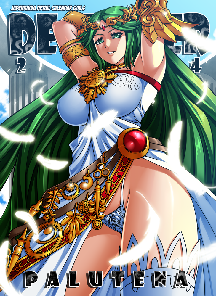 1girl armlet armpits arms_behind_head arms_up asymmetrical_legwear bare_shoulders breasts circlet dress g-string green_eyes green_hair jadenkaiba jewelry kid_icarus kid_icarus_uprising lace lace-trimmed_thighhighs large_breasts long_hair looking_at_viewer lots_of_jewelry necklace palutena panties single_thighhigh sleeveless sleeveless_dress smile solo thigh-highs thighs thong tiara underwear very_long_hair white_legwear white_panties