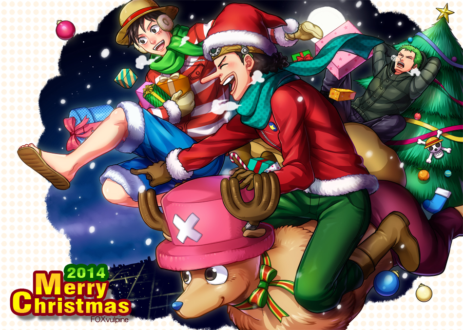 10s 2014 black_hair box candy christmas christmas_ornaments christmas_tree flying gift gift_box gloves green_hair hat jacket jolly_roger lapel_pin monkey_d_luffy multiple_boys night one_piece reindeer roronoa_zoro scarf shorts smile snow tony_tony_chopper usopp