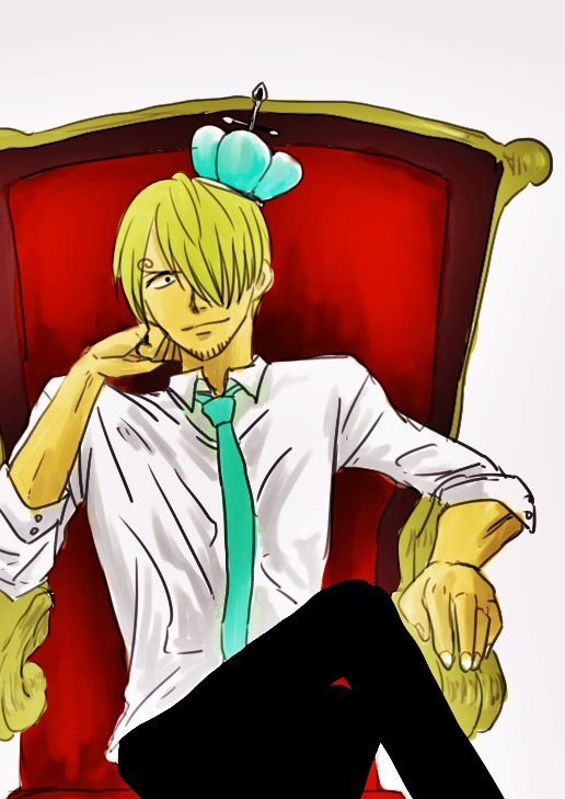 1boy chair crown male_focus one_piece red_upholstery sanji sitting throne