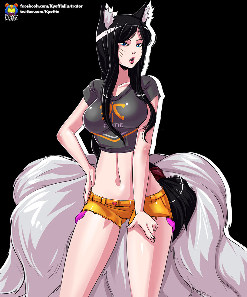 1girl ahri alternate_costume animal_ears bangs black_background black_hair breasts crop_top facial_mark female fox_ears kyoffie12 kyuubi large_breasts league_of_legends long_hair multiple_tails navel open_mouth shorts sidelocks simple_background solo tail watermark web_address whiskers