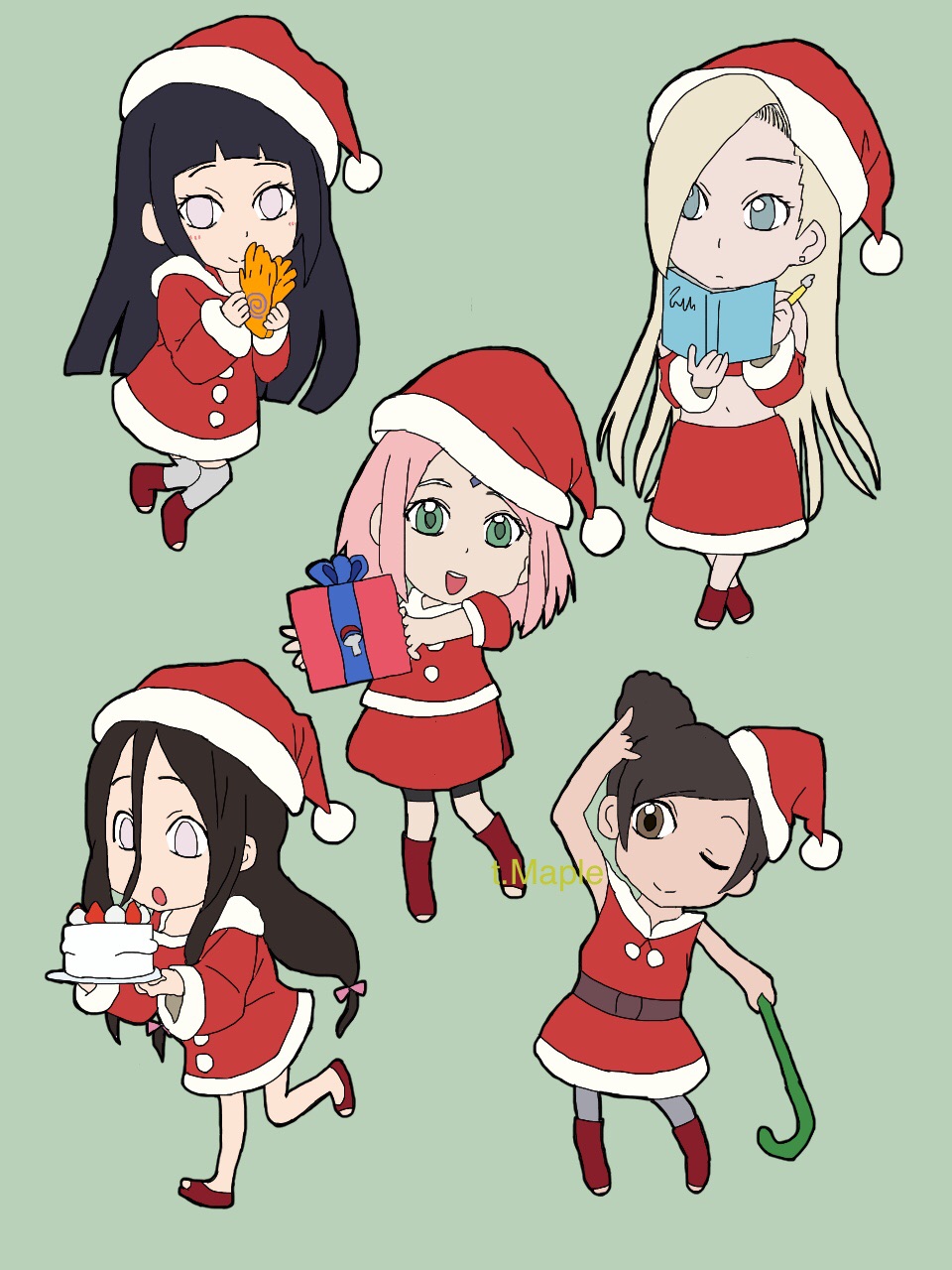 5girls :d black_hair blonde_hair brown_eyes cake chibi christmas double_bun facial_mark food forehead_mark fur_trim green_eyes haruno_sakura hat hyuuga_hanabi hyuuga_hinata lavender_eyes long_hair low-tied_long_hair midriff multiple_girls naruto naruto_shippuuden navel open_mouth pink_hair smile standing tenten tied_hair very_long_hair yamanaka_ino