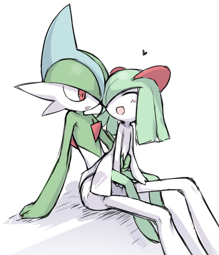 closed_eyes gallade green_hair heart horns kirlia looking_back no_humans open_mouth pokemon red_eyes short_hair simple_background sitting sitting_on_lap sitting_on_person smile utsugi_(skydream) white_background