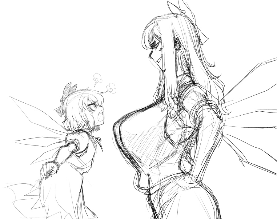 2girls angry bow breast_envy breasts cirno dual_persona flat_chest hair_bow hands_on_hips height_difference ice ice_wings large_breasts monochrome multiple_girls older short_hair simple_background sketch smirk space_jin time_paradox touhou white_background wings