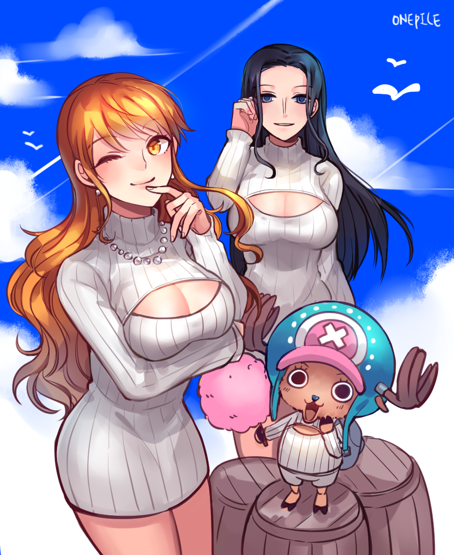 2girls black_hair blue_eyes breasts cleavage copyright_name cotton_candy earrings jewelry long_hair looking_at_viewer multiple_girls nami_(one_piece) necklace nico_robin one_piece open-chest_sweater orange_eyes orange_hair ribbed_sweater sanme smile sweater tony_tony_chopper wink
