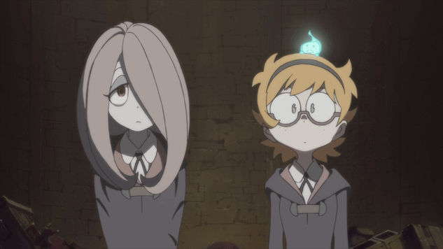 2girls animated animated_gif glasses little_witch_academia looking_at_viewer lotte_yanson multiple_girls open_mouth red_eyes sucy_manbabalan