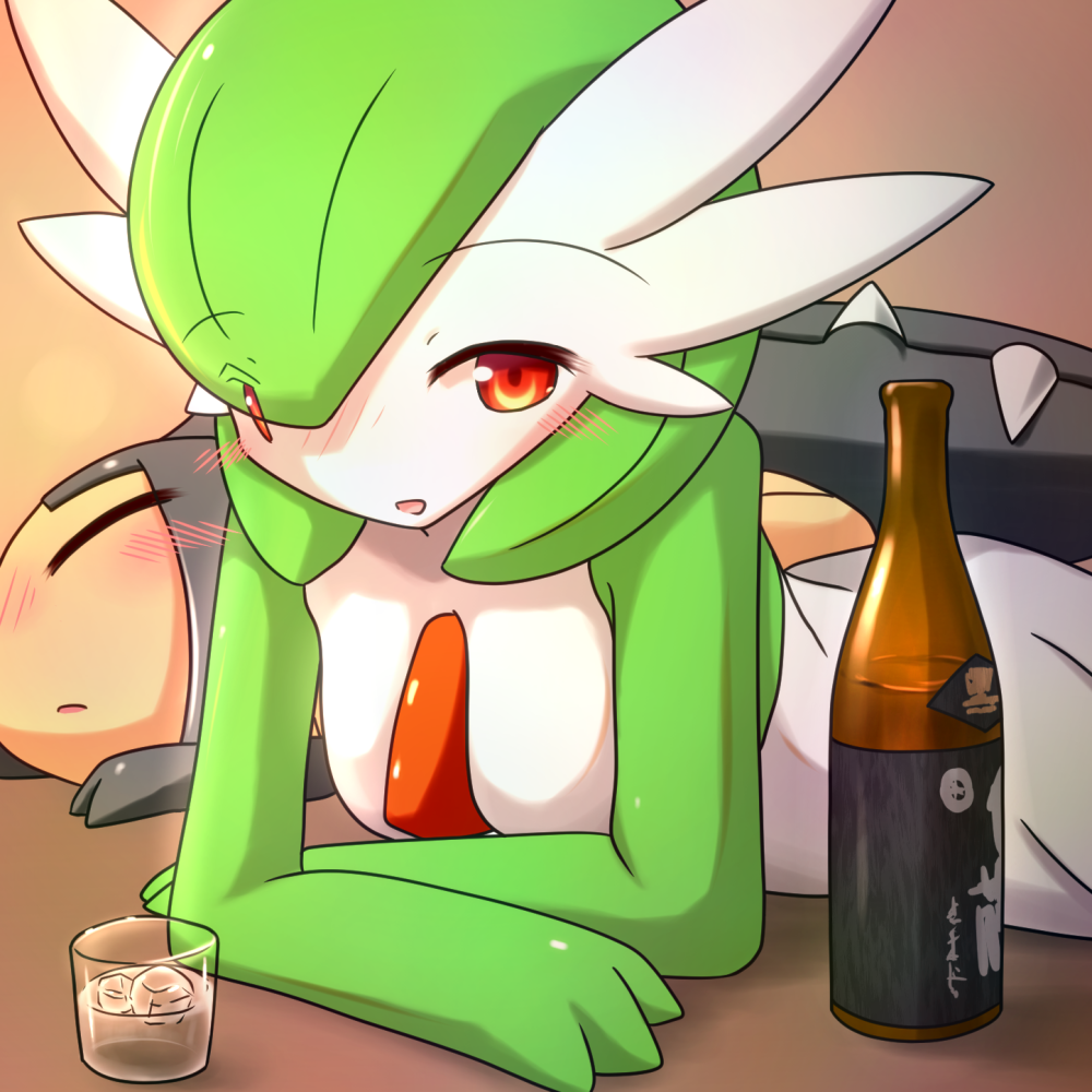 alcohol blush bottle drink drinking_glass drunk female gardevoir glass green_hair ice ice_cube kaceuth looking_at_viewer mawile no_humans open_mouth pokemon red_eyes short_hair shot_glass sleeping