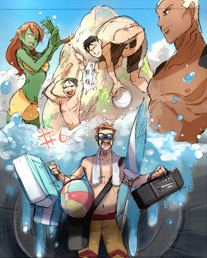 1girl 4boys alien aqua_lad ball beach black_hair blonde_hair dark_skin dc_comics dick_grayson goggles green_skin kaldur'ahm kid_flash miss_martian multiple_boys open_mouth orange_hair radio redhead sunglasses superboy swimsuit towel wally_west water young_justice:_invasion