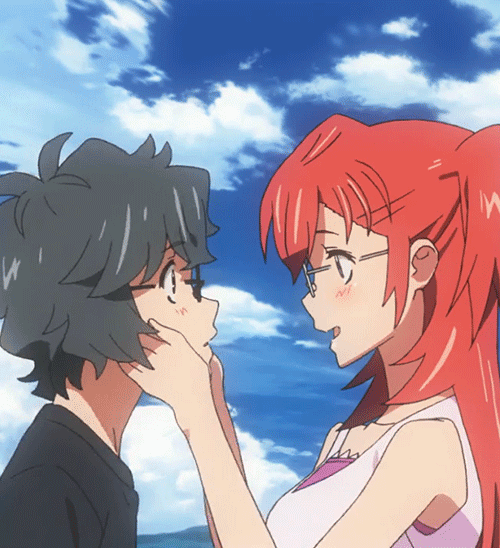 1boy 1girl animated animated_gif ano_natsu_de_matteru glasses kirishima_kaito kiss redhead takatsuki_ichika