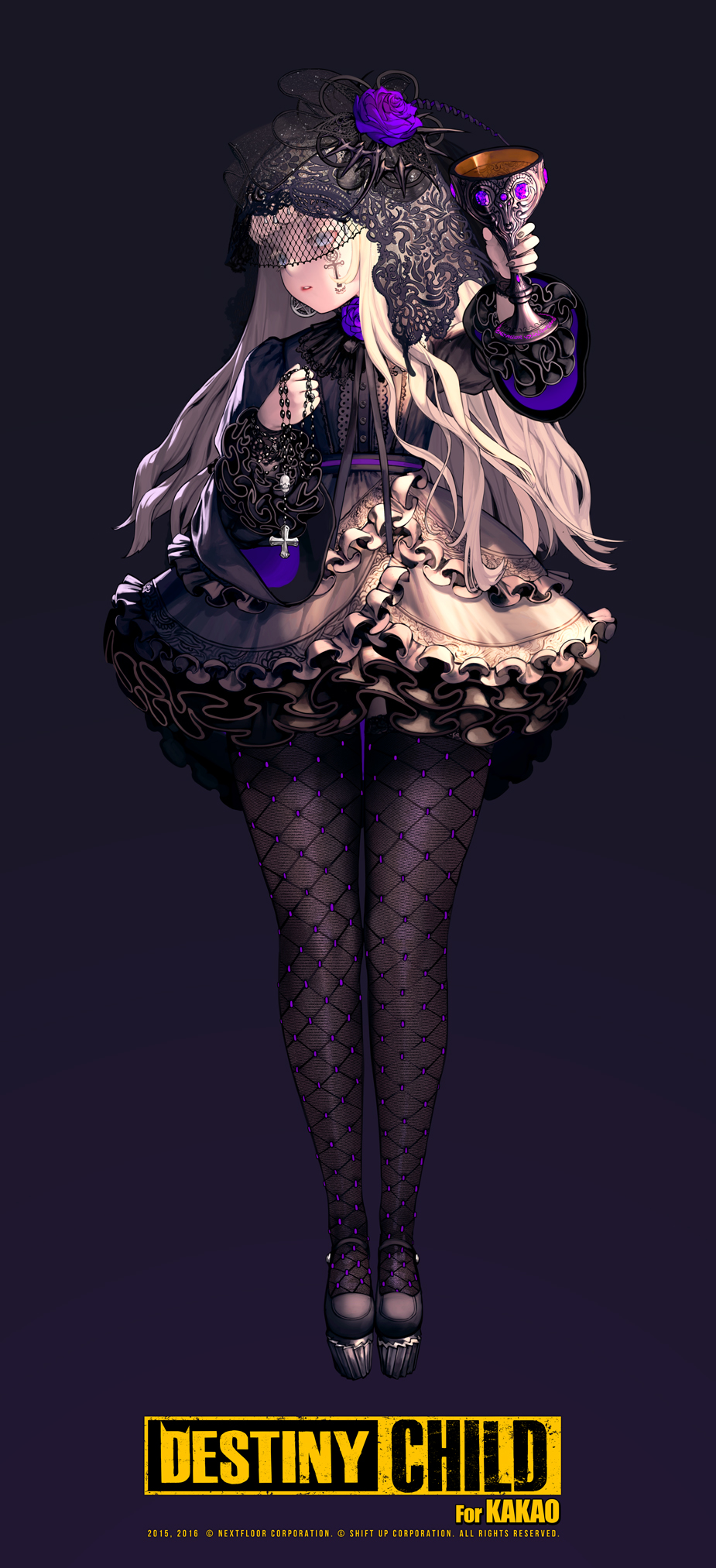 1girl black_legwear black_nails blue_eyes cross cross_necklace cross_tattoo destiny_child dress earrings facial_tattoo fishnets flat_chest flower frilled_dress frilled_sleeves frills full_body goblet gothic_lolita grey_background hair_flower hair_ornament highres jewelry lolita_fashion long_hair long_legs looking_to_the_side nail_polish necklace nightmadness nose official_art platform_footwear purple_flower purple_rose rita_(destiny_child) rose solo tattoo thigh-highs veil white_hair wide_sleeves