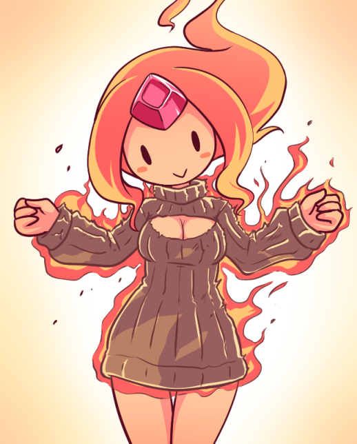 1girl :&gt; adventure_time breasts cartoon_network cleavage flame_princess flaming_hair forehead_jewel long_hair nollety open-chest_sweater orange_skin smile sweater