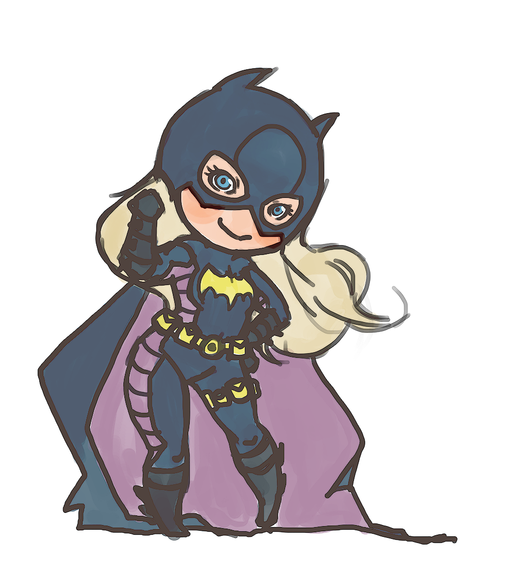 1girl bat_(symbol) batgirl batman_(series) blonde_hair blue_eyes bodysuit boots cape chibi dc_comics hand_on_hip mask smile solo stephanie_brown