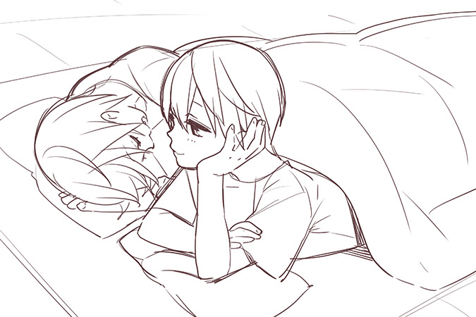 2boys bed blanket blush child free! lying male_focus matsuoka_rin megumi-square monochrome multiple_boys nanase_haruka_(free!) pillow shirt sketch sleeping t-shirt