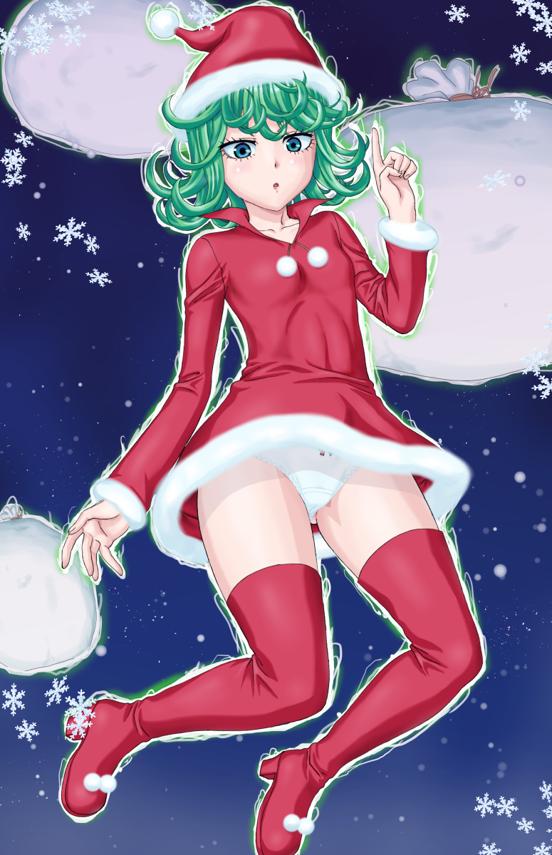 1girl :o blue_eyes blush christmas curly_hair female flying from_below green_hair hat long_sleeves looking_at_viewer night one-punch_man panties psychic santa_hat snowflakes solo tatsumaki thigh-highs underwear white_panties