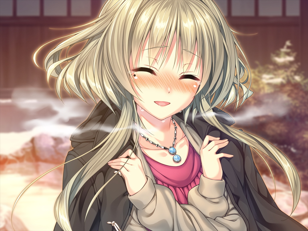 1girl amakano bangs blush closed_eyes coat collarbone game_cg jacket jewelry kanbayashi_mizuki long_hair long_sleeves mole mole_under_eye necklace open_mouth outdoors piromizu shirt silver_hair smile solo tears upper_body