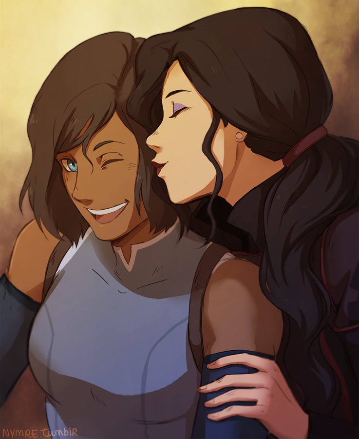 2girls asami_sato avatar:_the_last_airbender black_hair blue_eyes brown_hair closed_eyes couple dark_skin eyeshadow kiss korra lipstick makeup multiple_girls nymre one_eye_closed ponytail red_lipstick short_hair the_legend_of_korra yuri