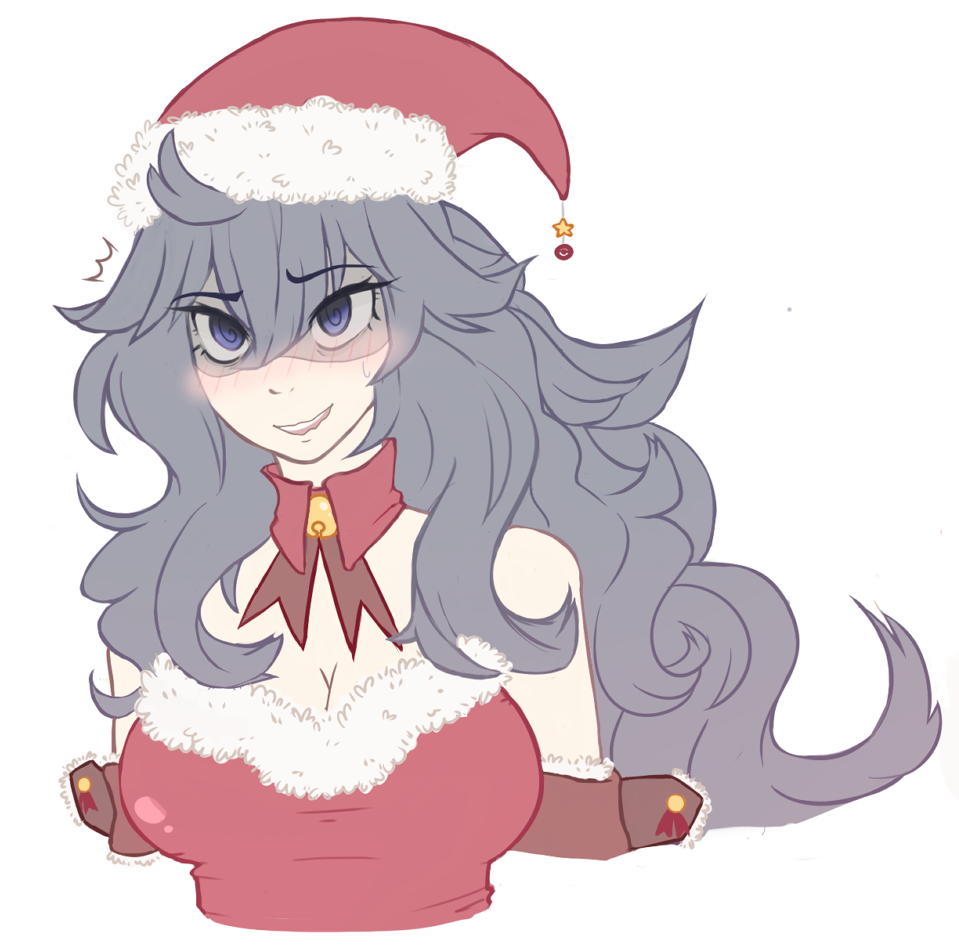 1girl @_@ blush breasts christmas cleavage hat hex_maniac_(pokemon) npc_trainer pokemon purple_hair santa_costume santa_hat violet_eyes