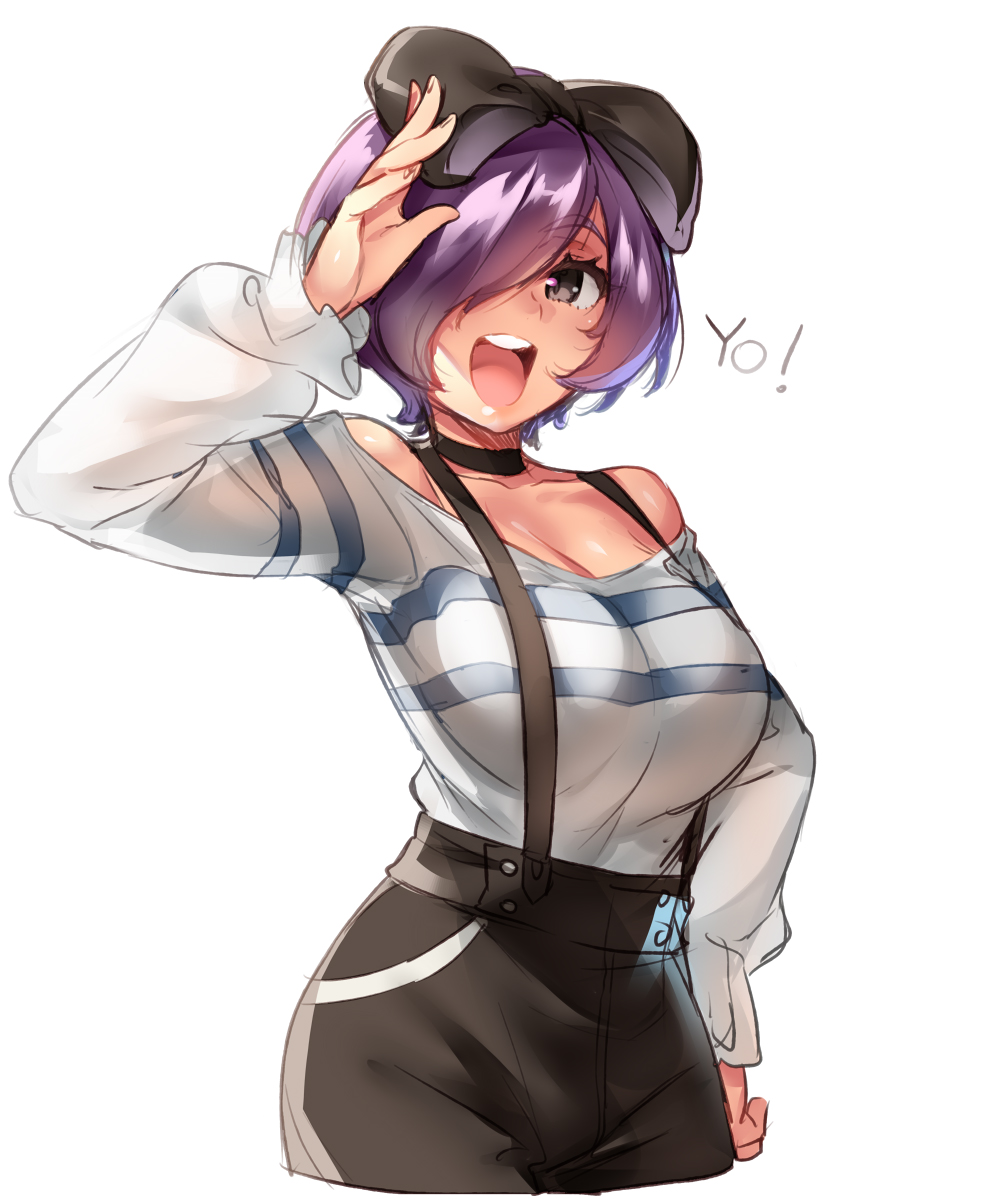 1girl black_eyes bow breasts cleavage english hair_bow hair_over_one_eye hanako_(naso4) large_breasts naso4 open_mouth original purple_hair short_hair shorts simple_background smile solo standing striped suspenders waving white_background youkai
