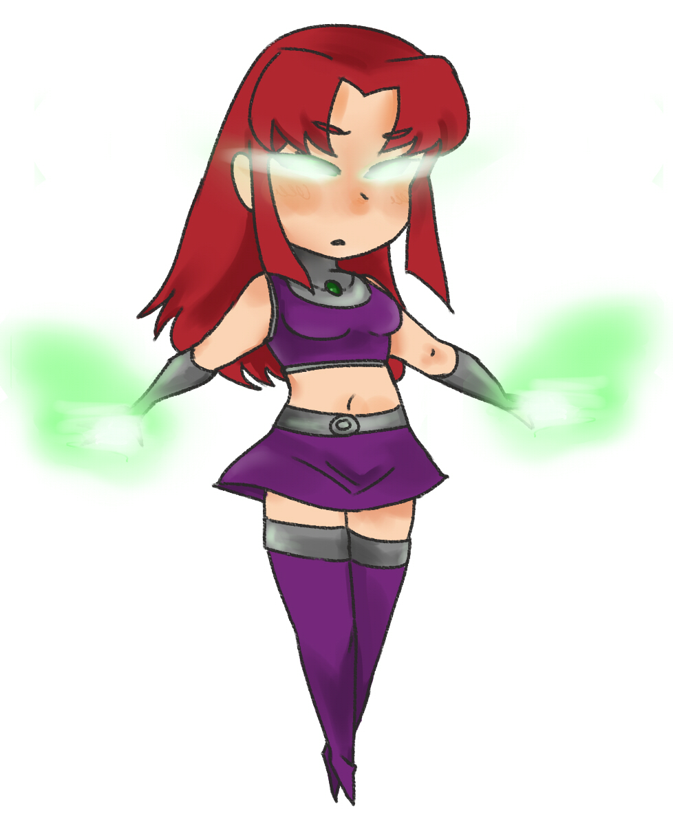 1girl alien boots cartoon_network chibi dc_comics flying glowing glowing_eyes midriff purple_skirt redhead skirt solid_eyes solo starfire teen_titans thigh-highs thigh_boots