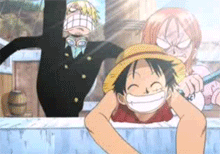 1girl 2boys angry animated animated_gif apron disguise going_merry hat kicking lowres monkey_d_luffy multiple_boys nami_(one_piece) one_piece sanji smile staff straw_hat