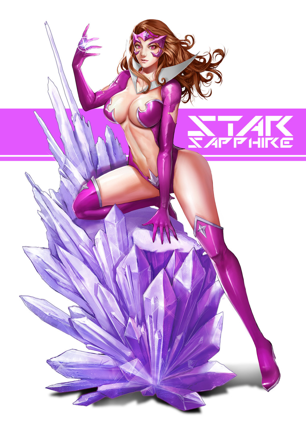 1girl boots breasts brown_hair carol_ferris center_opening character_name cleavage crystal dc_comics gem gloves green_lantern_(series) highres jewelry ken_(kenshjn_park) kenshjn_park knee_boots large_breasts long_hair looking_at_viewer navel pink_boots pink_eyes revealing_clothes ring simple_background solo star_sapphire_(dc) star_sapphire_(dc_comics) thigh-highs thigh_boots white_background