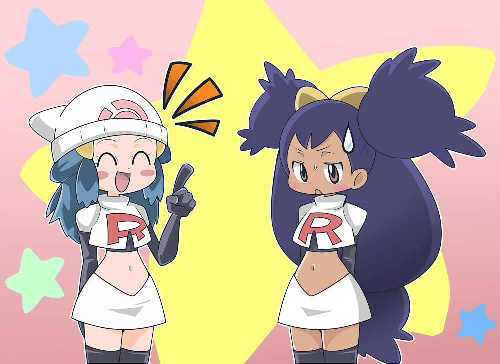 blue_hair brown_eyes cosplay dark_skin hainchu hikari_(pokemon) iris_(pokemon) navel pokemon purple_hair sweatdrop team_rocket team_rocket_(cosplay)