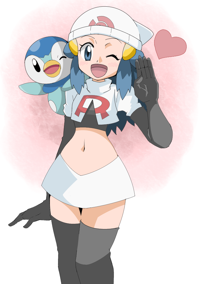 blue_eyes blue_hair cosplay hainchu hikari_(pokemon) navel piplup pokemon team_rocket team_rocket_(cosplay)