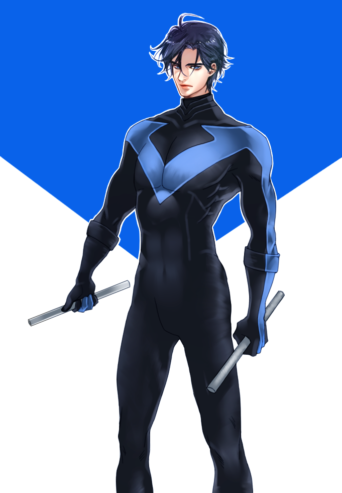 1boy batman_(series) black_hair blue_eyes bodysuit dc_comics dick_grayson dual_wielding escrima_stick male_focus nightwing solo standing weapon