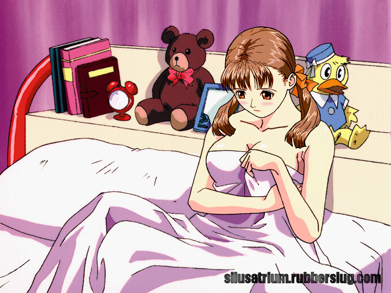 1girl bangs bed bed_sheet bird blanket breasts brown_eyes brown_hair cleavage cool_devices covering duck fujisawa_ayana hair_ribbon large_breasts looking_down naked_sheet ribbon shelf silusatrium solo stuffed_animal stuffed_toy teddy_bear twintails watermark yellow_star