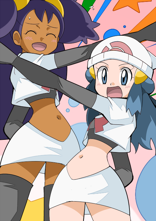 blue_eyes blue_hair cosplay dark_skin hainchu hikari_(pokemon) iris_(pokemon) navel pokemon pokemon_(game) pokemon_bw pokemon_dppt purple_hair team_rocket team_rocket_(cosplay)