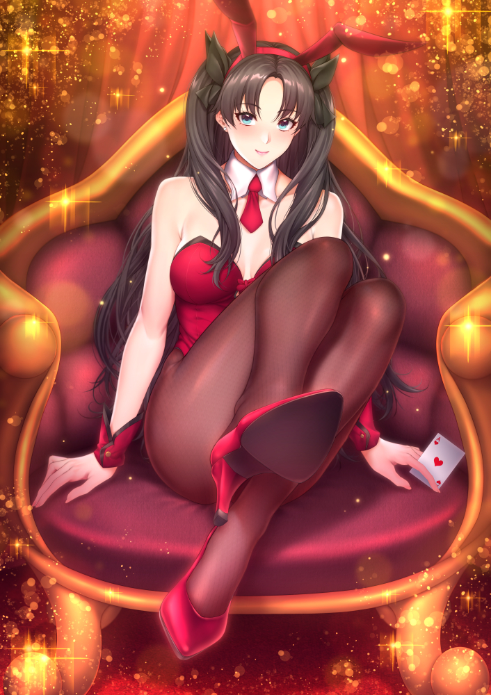 1girl animal_ears bangs blue_eyes blush breasts brown_hair covered_navel detached_collar fake_animal_ears fate/stay_night fate_(series) high_heels highleg highleg_leotard leotard long_hair looking_at_viewer pantyhose playboy_bunny rabbit_ears red_leotard smile solo strapless strapless_leotard tohsaka_rin two_side_up zucchini
