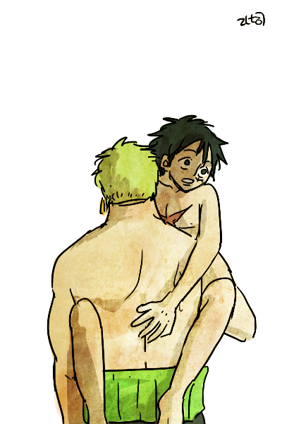 2boys carrying green_hair haramaki monkey_d_luffy multiple_boys one_piece roronoa_zoro topless