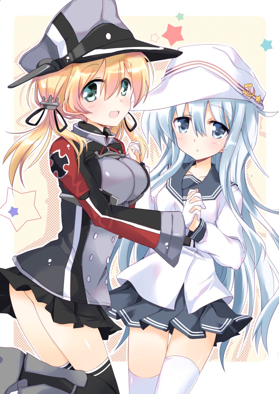 blonde_hair blue_eyes blue_hair blush gloves green_eyes hairband hand_holding happy hat hibiki_(kantai_collection) hizuki_yayoi kantai_collection long_hair prinz_eugen_(kantai_collection) star thigh-highs twintails uniform verniy_(kantai_collection)