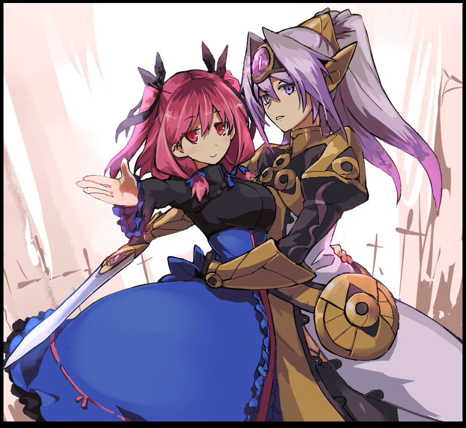 2girls aegislash armor dress female gradient gradient_background hug hydreigon kusanagi_kaoru long_hair multiple_girls personification pokemon ponytail purple_hair red_eyes redhead shield smile sword violet_eyes weapon white_background yuri