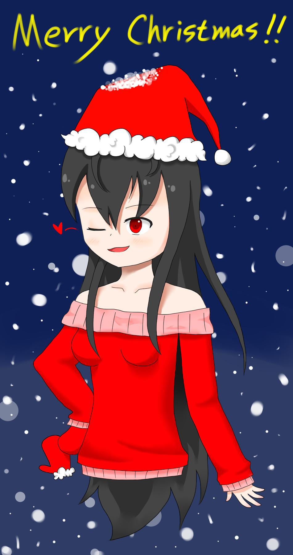 1girl bare_shoulders black_hair christmas gloves hat heart long_hair one_eye_closed red_eyes santa_hat snow sweater wink